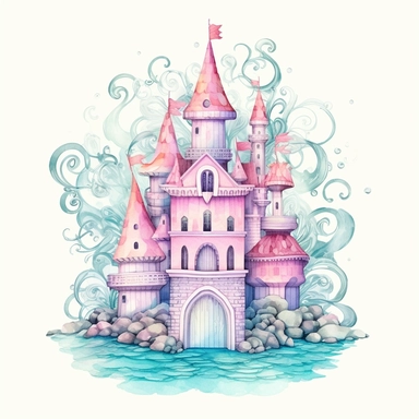 Pastel Cute Beautiful Fairy Castle of Mermaid Sublimation Clipart,Cartoon, hyper realistic, intricate detail, illustration style,high solution,on the white background