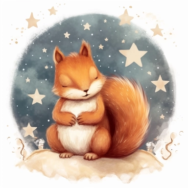 Cute squirrel illustration, realistic adorable squirrel sleeping on a soft moon surrounded by stars, sleepy happy clipart, nursery style clipart, Nursery Animals Art, Kids Wall Art, Kids Room Decor, Baby Room Decor, isolated on white, ultra - detailed, high quality, ghibli style, award winning