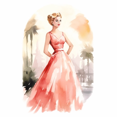 Midjourney AI Prompt: As our creative journey continues, we find ourselves transported to the glamorous era of the 1950s, where elegance and sophistication were synonymous with style. Envision a watercolor clipart that portrays a full-length view of a lovely young lady, radiating warmth and joy as she stands confidently. Dressed in a period-appropriate casual yet classy outfit, she embodies the timeless charm of the 1950s. In this enchanting watercolor clipart, the young lady stands tall, her po