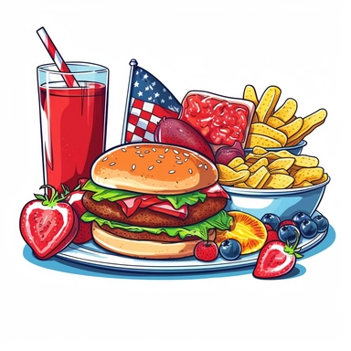 Independence day cookout food, Clipart, 4th of july, white background, crisp detail, cute, cartoon, black outline, vibrant