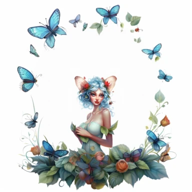 a whimsicel beautiful Fairy Closeup face, big blue deep eyes, with high detailing with facial hare and lips, laughing , a big Ladybugs sitting on her hand, Clipart on a white background