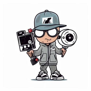 minimalist style logo with circular banner for talented movie production team with a smirking dope boy mascot with bobble doll sized head, oversized sneakers, clapperboard and a heavy supersized movie camera in his hand directed at me. Art inspired by hip hop graffiti. Annimated cartoon clipart style. Emphasize Hat, oversized sneakers, heavy supersized movie camera and white background.