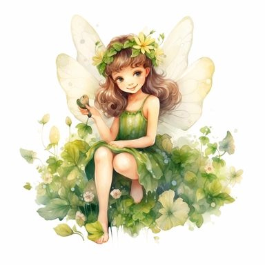 cute adorable forest fairy, green forest fairy, fairy with wings, fairy loves four leaf clovers, fairy is happy smiling, fairy is sitting in a flower garden,watercolour illustration, soft light, fairy forest, clipart