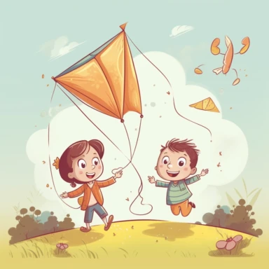 Characters children launching a flying kite, nature background, children's style, 2D, vector, good quality, illustration from the Pixar children's book, vector, cartoon character, hand drawing, clipart