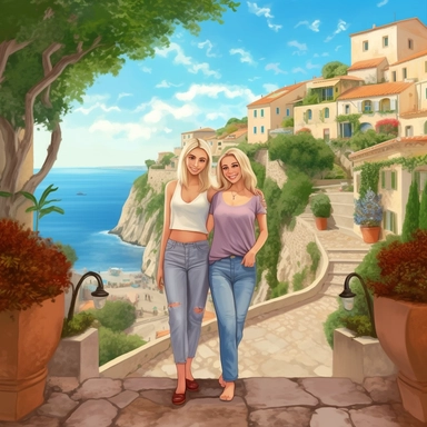panoramic view, full view, landscape, two beautiful older middle-aged female best friends, one with long blonde hair and one with short blonde hair, age appropriate attire, same height, posing, smiling, beautiful faces, along a cobblestone walkway in a beautiful mediterranean town with view of beautiful blue water, cascading bougavanelia, beautiful summer day, illustration clipart, photo realistic, romantic, fantasy, ethereal, sharp focus, high detail,
