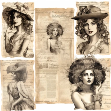 vintage style woman newspaper illustrations clipart set, detailed 4k, clipart style, background white