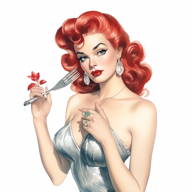 Hand drawn 1950’s pin up woman, dressed like Disney's Ariel, holding a silver fork, very glamorous with jewelry, half body, very detailed and realistic, watercolor, white background with margins, clipart style