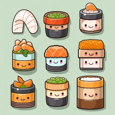 Cute Adorable Kawaii Food Stickers, Kawaii Food Clipart, Sushi Japanese Food, Free Commercial Use, Printable Stickers
