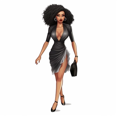 Create clipart sticker featuring white background a full-body runway pose, of a beautiful, black African-American girl confidently wearing stilettos, model wearing fashion designer clothes