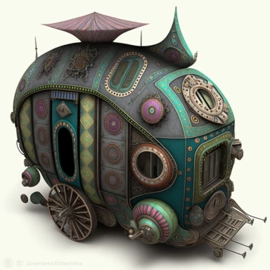 D patchwork clipart, mutant steampunk giger, stitched fabric yurt, colorful die cut sticker, patchwork quilted mechanical caravan, 3D, HD, unreal engine, 8k, centered