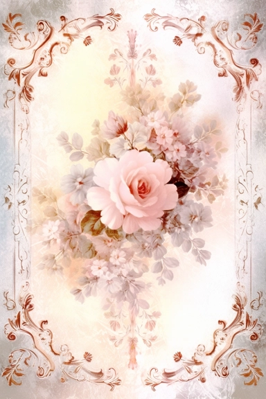 Vintage shabby damask clipart vignette with delicate floral patterns along the sides and corners of the image, small cute bright oil painting vignette with beautiful roses and blooming lilacs, light pastel tones in the center of the image,