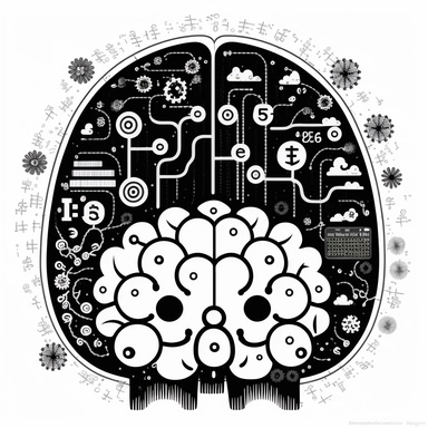 clipart of a brain full of mathematics and algorithms. Beautiful, flat, cute manga style, black and white, round image borders