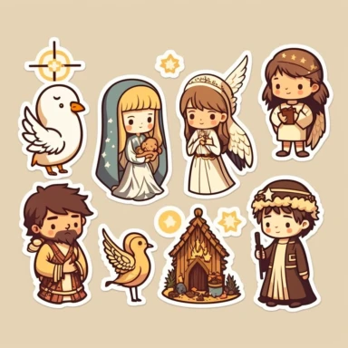 vector sticker design, anime style Christmas nativity clipart, white background, flat colors