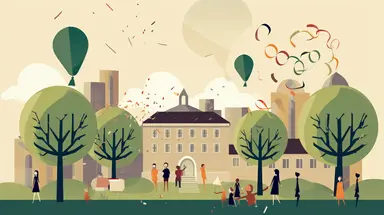 Create a whimsical clipart-style image capturing the atmosphere of graduation season on a school campus. The image should feature a variety of elements that evoke the feeling of being a student, such as classrooms, a playground, a podium, students' backs, sunlight shining through the trees, a morning sky, a basketball court, desks and chairs, and blackboards. The image should be colorful and cheerful, with simple shapes and bold outlines. It should convey a sense of joy and nostalgia, celebratin