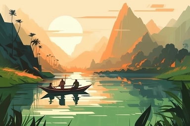 Mountains vector file. Forest landscape clipart. Camping and travel print.People guide their boats through tranquil, water color-like green reeds and algae on the Karatoya River in Bogra, Bangladesh Vector flat illustration