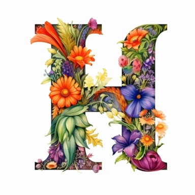 letter H floral,many flowers,ralistic,high details,vibrant colors,clipart,white background