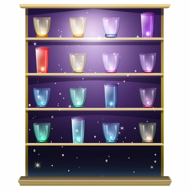 display with empty glass shelves, glitter, cartoon, clipart