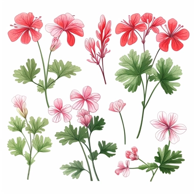 Flat colored design of Geranium clipart,multiple angle design sheet, little - flat Graphic Design, white background