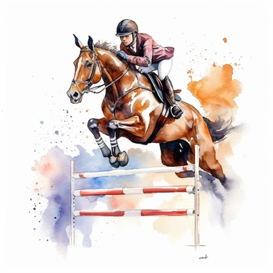 show jumping jump course, highly detailed, watercolor, clipart, illustration, white background, digital painting, paper crafting, no signature, no text