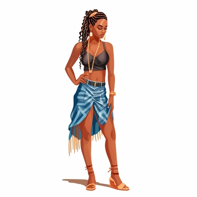 black modern woman with braids, full body wearing summer dress with sandals clipart