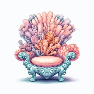 Pastel Cute Beautiful Fairy Chair Coral seashell Sublimation Clipart,Cartoon, hyper realistic, intricate detail, illustration style,high solution,on the white background