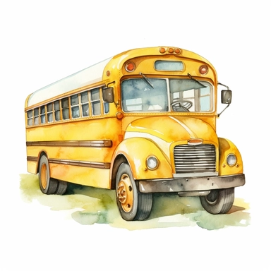 A clipart image of a watercolor school bus on a white background, showcasing the iconic yellow color and fun details.