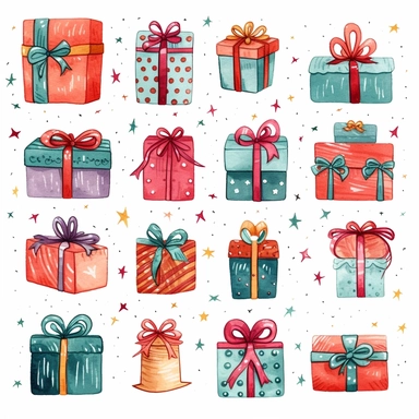 Christmas presents clipart set, whimsical and cute hand drawn illustration, playful expression, rounded shapes, isolated image white background