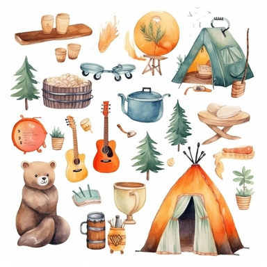Watercolor boho camping illustrations clipart set, simple, soft colors, cartoon elements, different variants, cute little boy, tent, campervan, camping related items, pots, bonfire, , separate elements with a margin