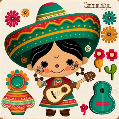 cinco de mayo clip art, mariachi, cute, big eyes, happy smile, colorful, mexican clothing