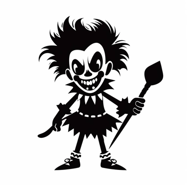 black and white silhouette of a terrifying cartoon halloween clown with sharp teeth, full body side view, clipart style, white background, thick lines, vector, simple design, flat colour, solid colour, halloweencore