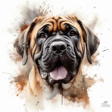 cute Alentejo Mastiff dog portrait, full face, centered shot, side shot, dynamically posed, in action, playful mood, happy mood, playing mood, cute face, adorable smile, childlike eyes, clean watercolor illustration, white background, nursery baby imagery, painting, detailed, 8k, PNG, clipart,