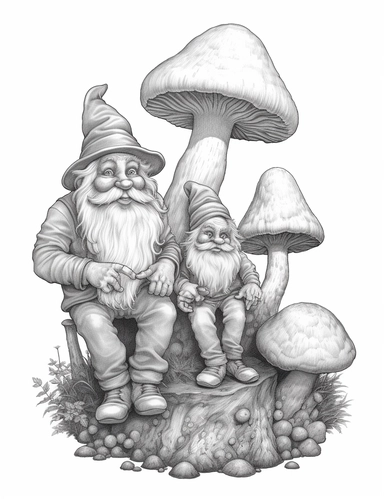 light gray and bubbles, two humanoid gnomes are sitting on a huge mushroom, highly detailed clipart, hdr, 32K, photo expert quality, greatest for coloring realistic, hyperrealistic and highly detailed, coloring book pages, isolated on a white background
