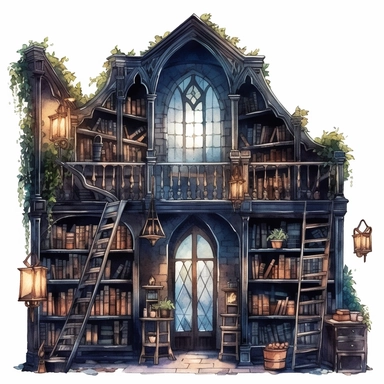 gothic watercolor clipart, old dark and atmospheric library with bookshelves, ladders, and cozy reading nooks, dark academia aesthetic, dark aesthetic, detailed, UHD, 8K, 3D, solid white background