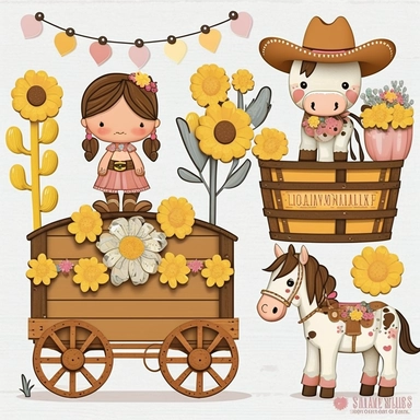 cute cartoon drawing, a garland of balloons ,pastel cute little Cowboys Clipart, sweet little girl Cowgirl Clipart, Cowboy Clip Art, Wild West Clipart, Sheriff Clipart, Western Clipart, Western Cowboy, sunflowers, a wooden cart, cute horse riding , wooden