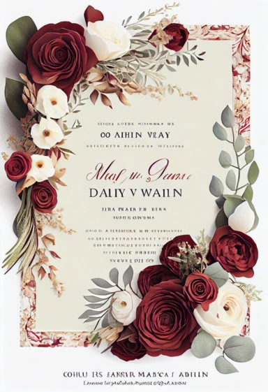 beautiful, intricate, sharp focus, stunning, beautiful wedding invitation, dried red roses, white ranunculus, and wax flowers, boho wedding invitation, show entire invitation, no border, clipart, on white background, flat lay, extreme detail, wedding invitation,