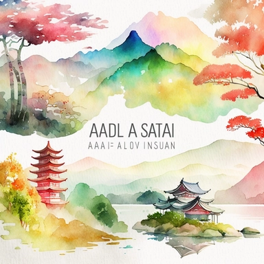 watercolor clipart colourful Asia landscapes, digital illustration, 8k, hd 1:3 v5