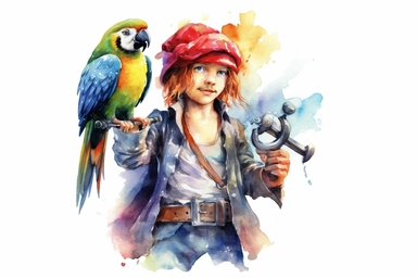 Watercolor, Create a cartoon person dressed as a pirate, with an eye patch and a parrot on the shoulder clipart, hd, on a white background, spaced out