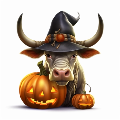 3D super realistic halloween Longhorn Cow with a witch's hat on his head among pumpkins clipart