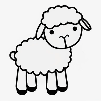 Simple outline of a Lamb, coloring page, kids cartoon, minimalist, black on white, lineart, 2d flat file, silhouette, clipart, uninterrupted outline as in an svg, perfect outline corners, make it an outline svg and fill color white, exact outline, the line should not be thickened, the line should not be thicker or thinner, the outline of the line should be thin, maximum 1 millimetre