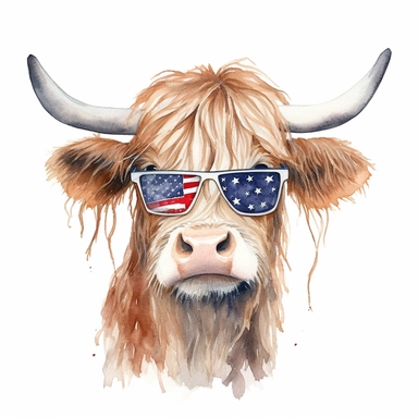 Patriotic Long Haired Calf, Highland cow face clipart, Western ,farm cow, clipart, red, white & blue headband, watercolor, white background