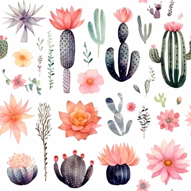 Draw a watercolor-style clip art images that feature objects related to an aesthetic adorned with floral designs. The images should have aesthetic, and should incorporate elements such as watercolor [gold] whimsical and cute illustration in watercolor of DESERT CACTUS, with black ornaments , in a Scandinavian folk art style with botanical and swirl motifs. light pink gold colors Traditional with a modern twist watercoloritem collection, isolated on a white background, classy, simple, graphics, c