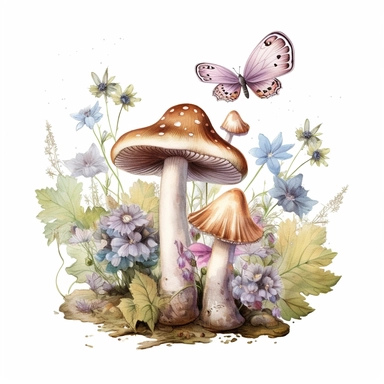 single clipart image png graphic vintage mushrooms, butterflies, flowers, a frog pastel soft colors , png, white background