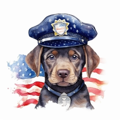 watercolor clipart, funny Labrador Retriever, in style policeman, Police Badge, us flag collar, police Hat or Cap, background american Flag, suitable for printing, hyper detailed, 300 dpi, 8k, high solution, no watermark