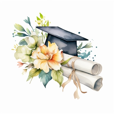 graduation scroll with spring florals, watercolor, white background clipart