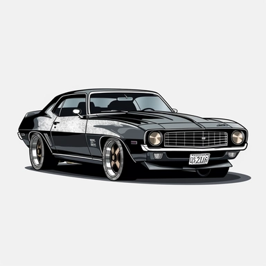Style clipart, on a white background, vector, vector illustration, classic black Chevrolet Camaro car, svg
