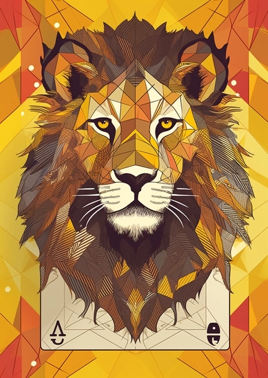 Design the back image of a deck of cards with a Lion in a yellow geometric background,clipart
