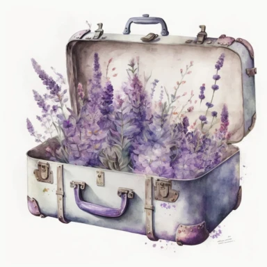 clipart watercolor detailed realistic, white background. old suitcase is open, lilac color. inside there is a lot of lavender flowers