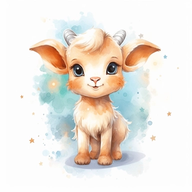 clipart, cute cartoon, baby goat, Capricorn star sign, for illustrated zodiac, baby wall art, watercolor, isolated on a clean white background