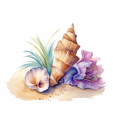 hand drawn sandy beach with a conch shell sitting in the sand, orchid bloom beside the conch shell, glamorous, clipart style, detailed and realistic, watercolor, white background with margins