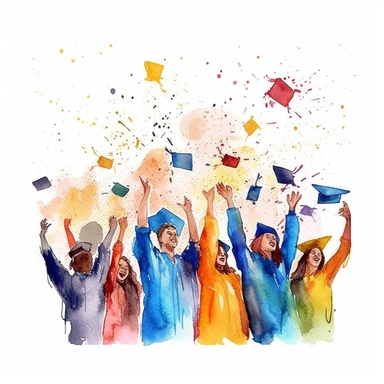 watercolor style, Graduation hat toss: Clipart showing a group of graduates throwing their caps in the air, celebrating the completion of their studies. clipart, isolated on white background, 4K